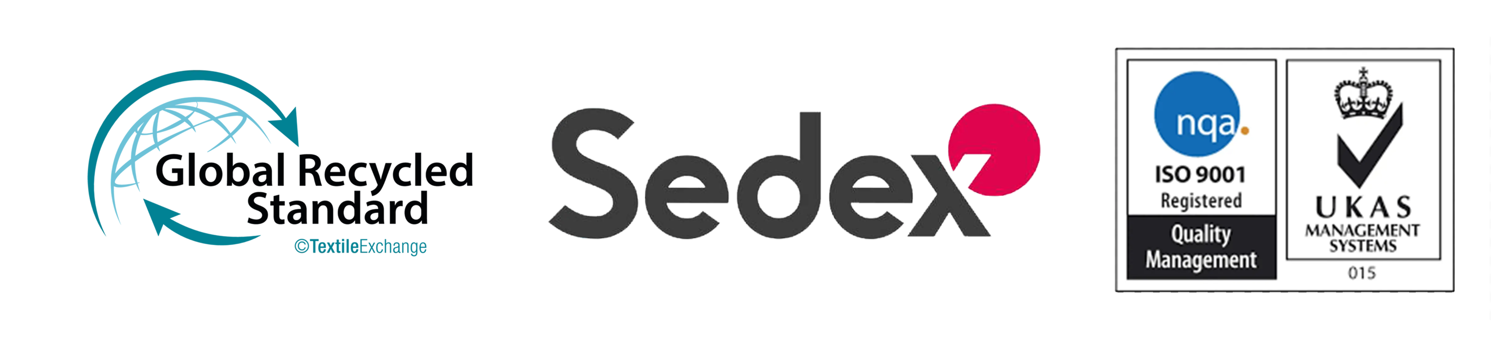 ISO 9001, Global Recycle Standard GRS, and Sedex certifications